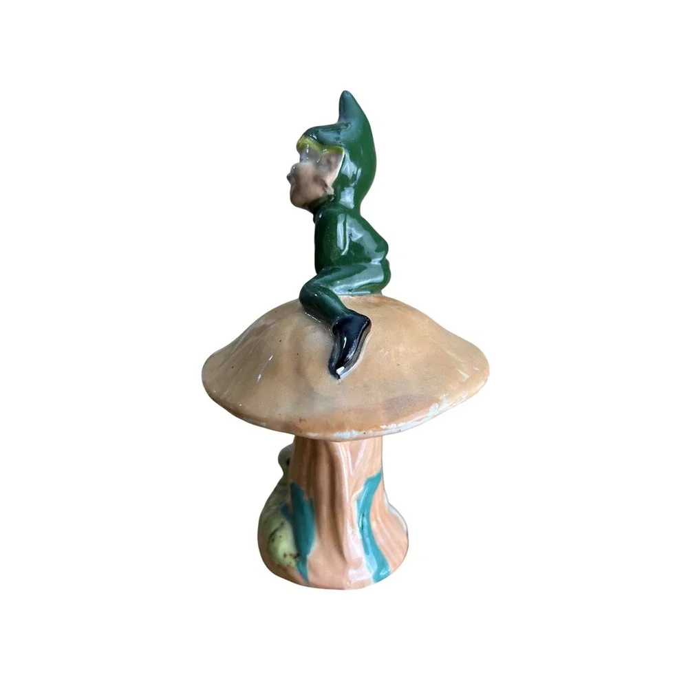 Vintage Ceramic‎ Elf Figurine Sitting on Mushroom with Caterpillar Decor - Picture 4 of 9